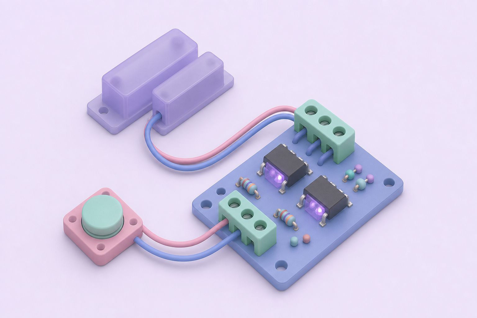 Isometric illustration of an input board with two chips and screw terminals, wired to a door contact and a push button (AI-generated image)