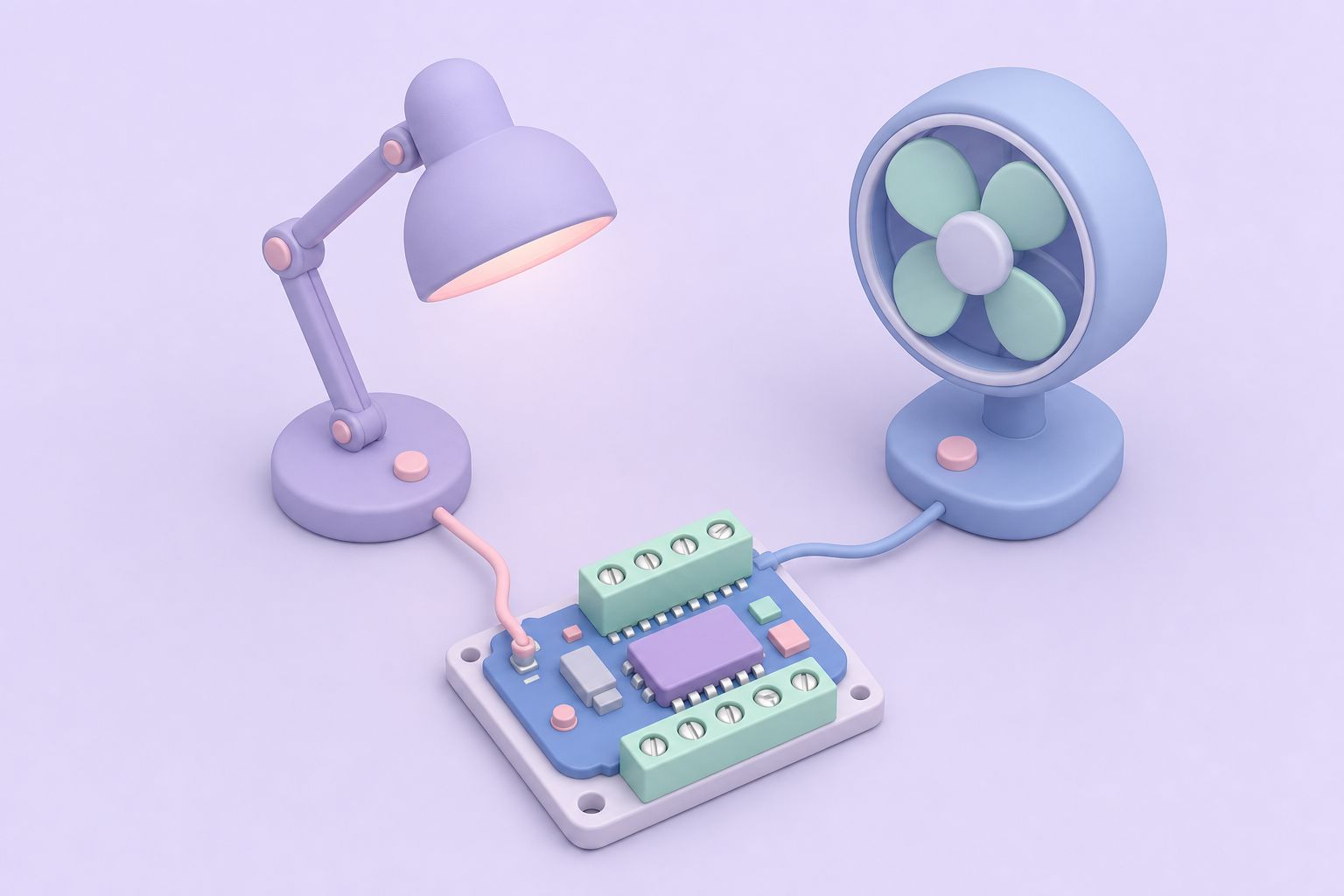 Isometric illustration of a small switch interface board wired to a desk lamp and an electric fan (AI-generated image)