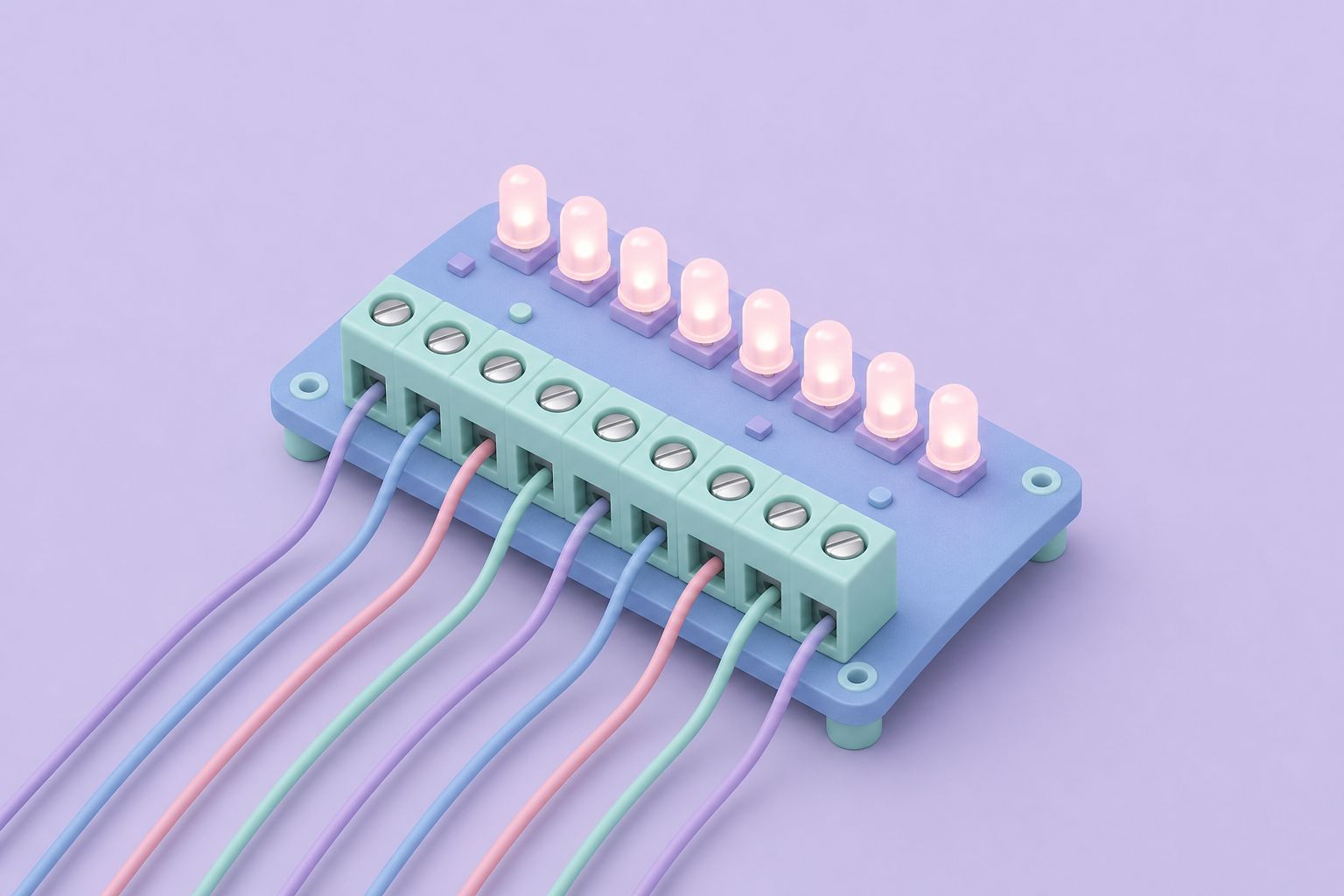 Isometric illustration of a terminal-strip board with eight lit LEDs and a coloured wire in every terminal (AI-generated image)