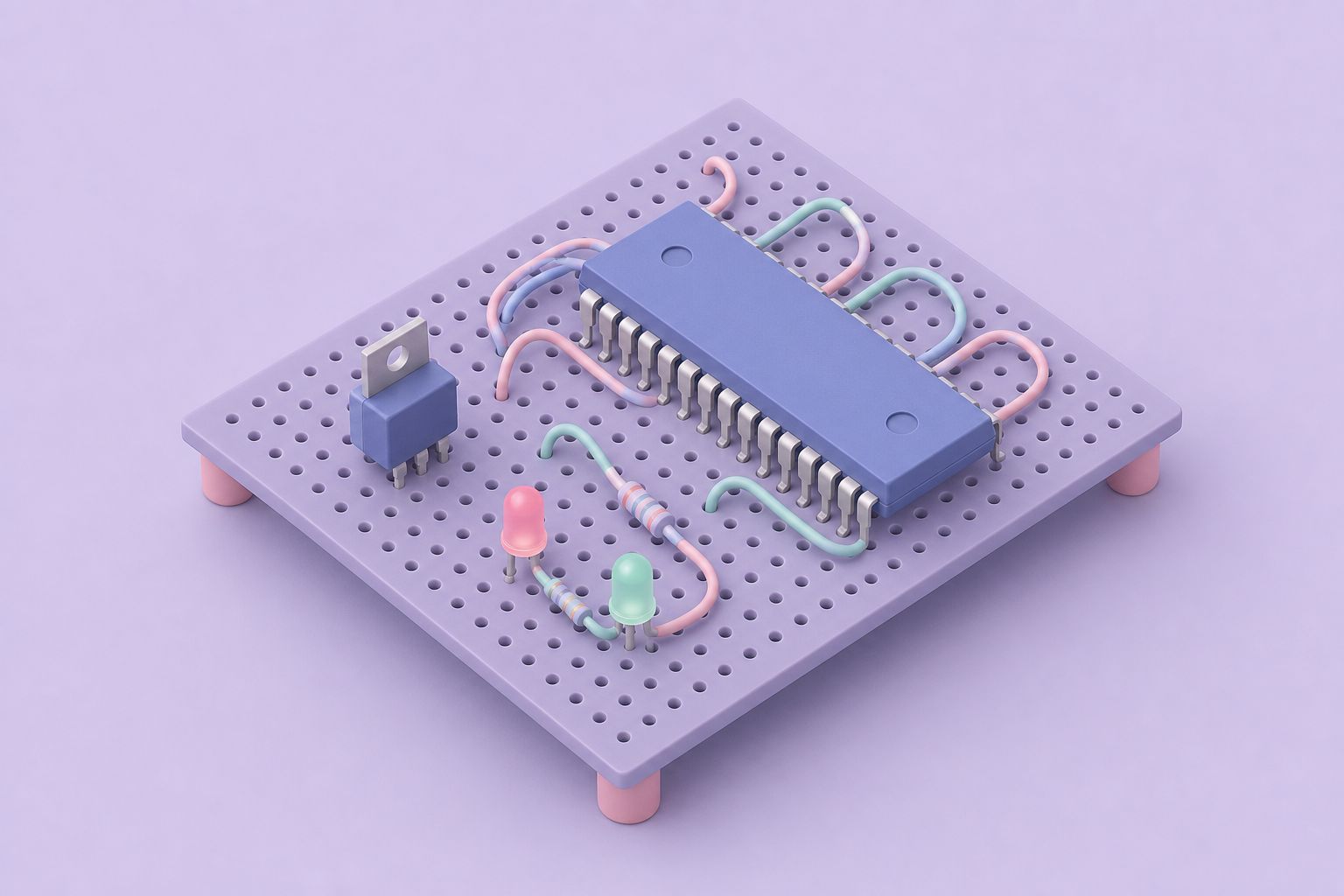 Isometric illustration of a large microcontroller chip on perforated prototyping board with a regulator and two LEDs (AI-generated image)