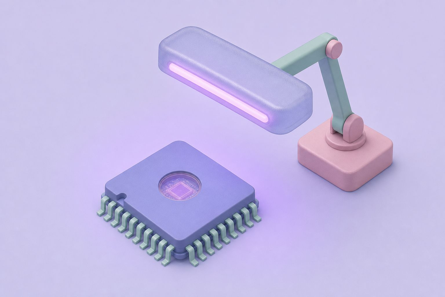 Isometric illustration of a microcontroller chip with a quartz window under a glowing ultraviolet lamp (AI-generated image)
