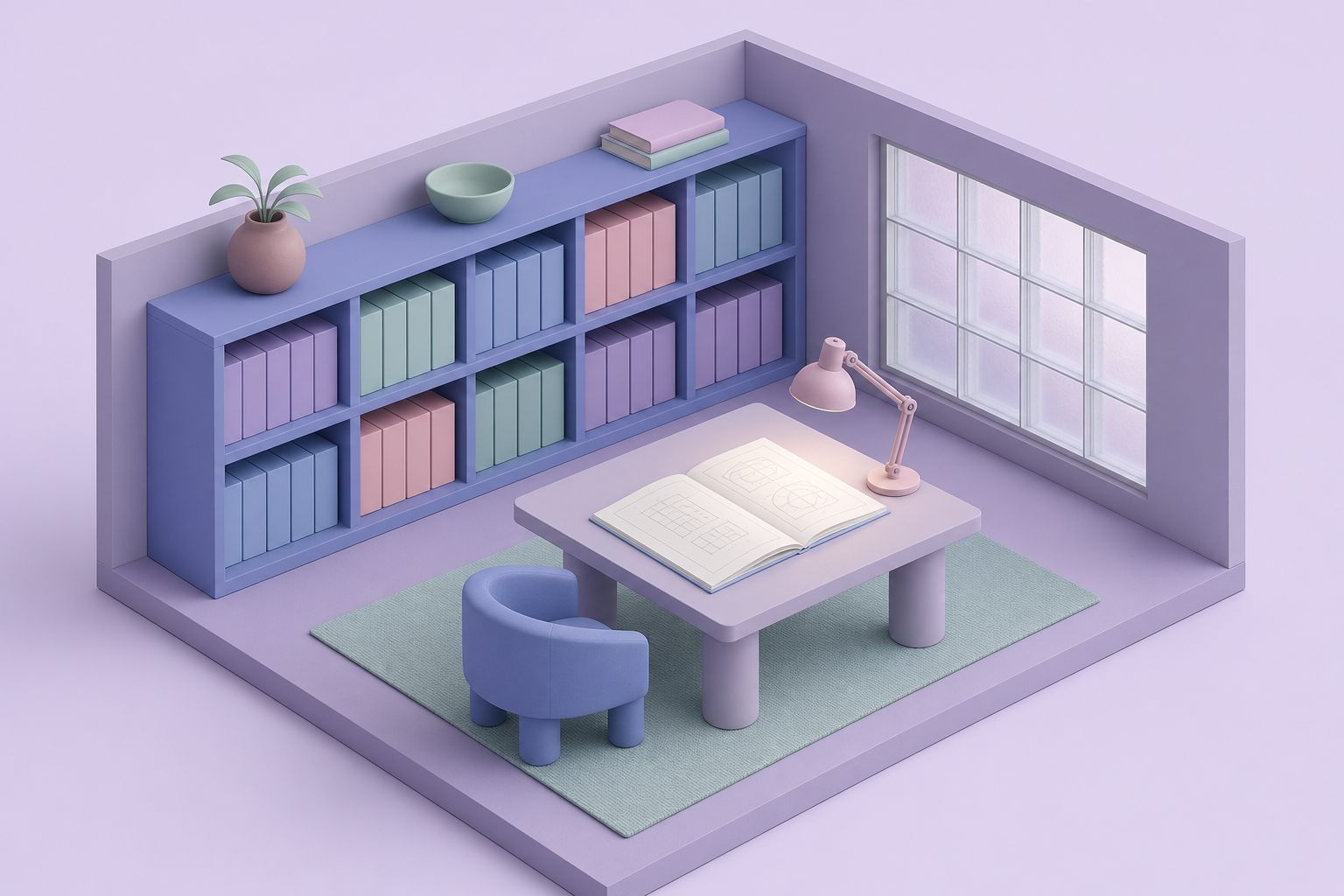 Isometric illustration of a small reading room with bookshelves of binders, a desk lamp and an open book (AI-generated image)