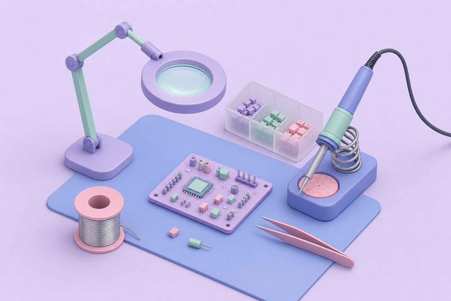 Isometric illustration of an electronics workbench with a magnifier lamp, soldering iron, solder and a small circuit board (AI-generated image)