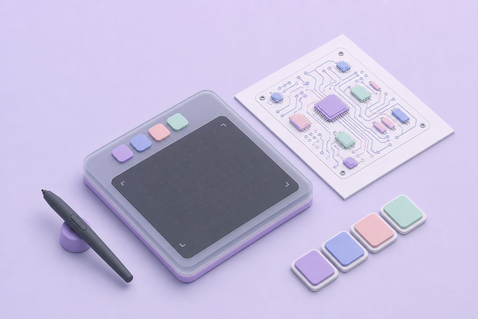 Isometric illustration of a drawing tablet with a stylus, colour swatches and a printed circuit layout (AI-generated image)