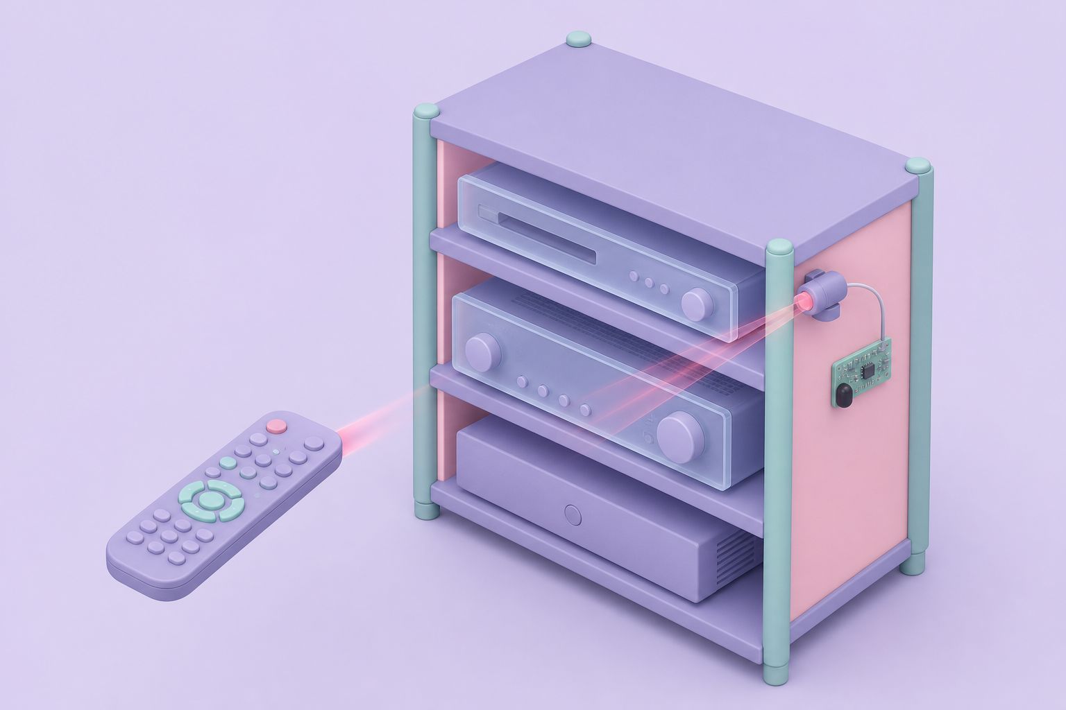 Isometric illustration of a remote control beaming infrared light at an audio-video rack with an IR receiver (AI-generated image)