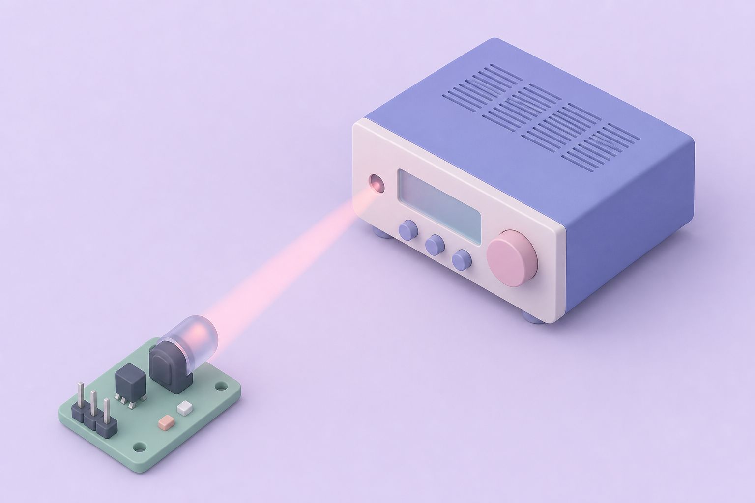 Isometric illustration of a small infrared transmitter board beaming at a stereo receiver (AI-generated image)