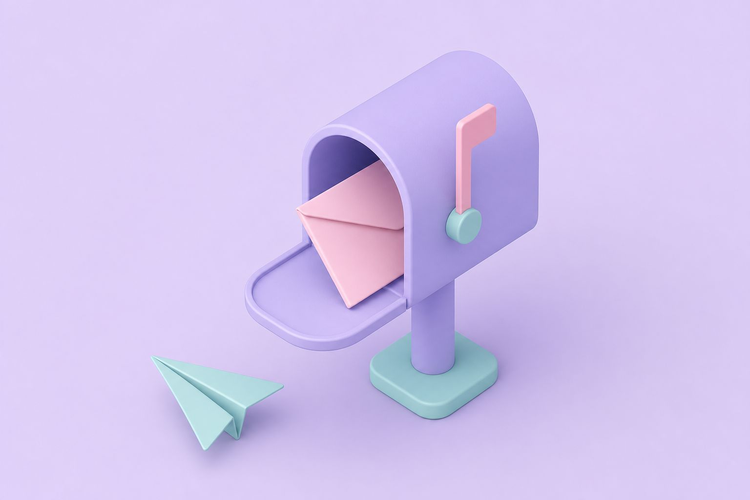 Isometric illustration of a letterbox holding an envelope, with a paper plane on the ground beside it (AI-generated image)