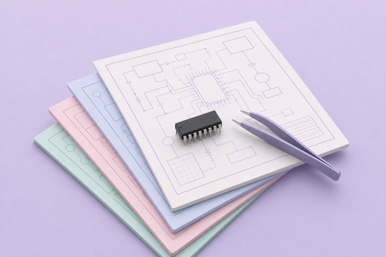 Isometric illustration of a fanned stack of pastel technical sheets with circuit line drawings, a black DIP chip and tweezers on top (AI-generated image)