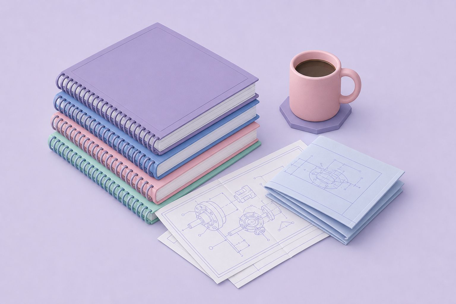 Isometric illustration of stacked spiral-bound manuals, folded schematics and a cup of coffee (AI-generated image)