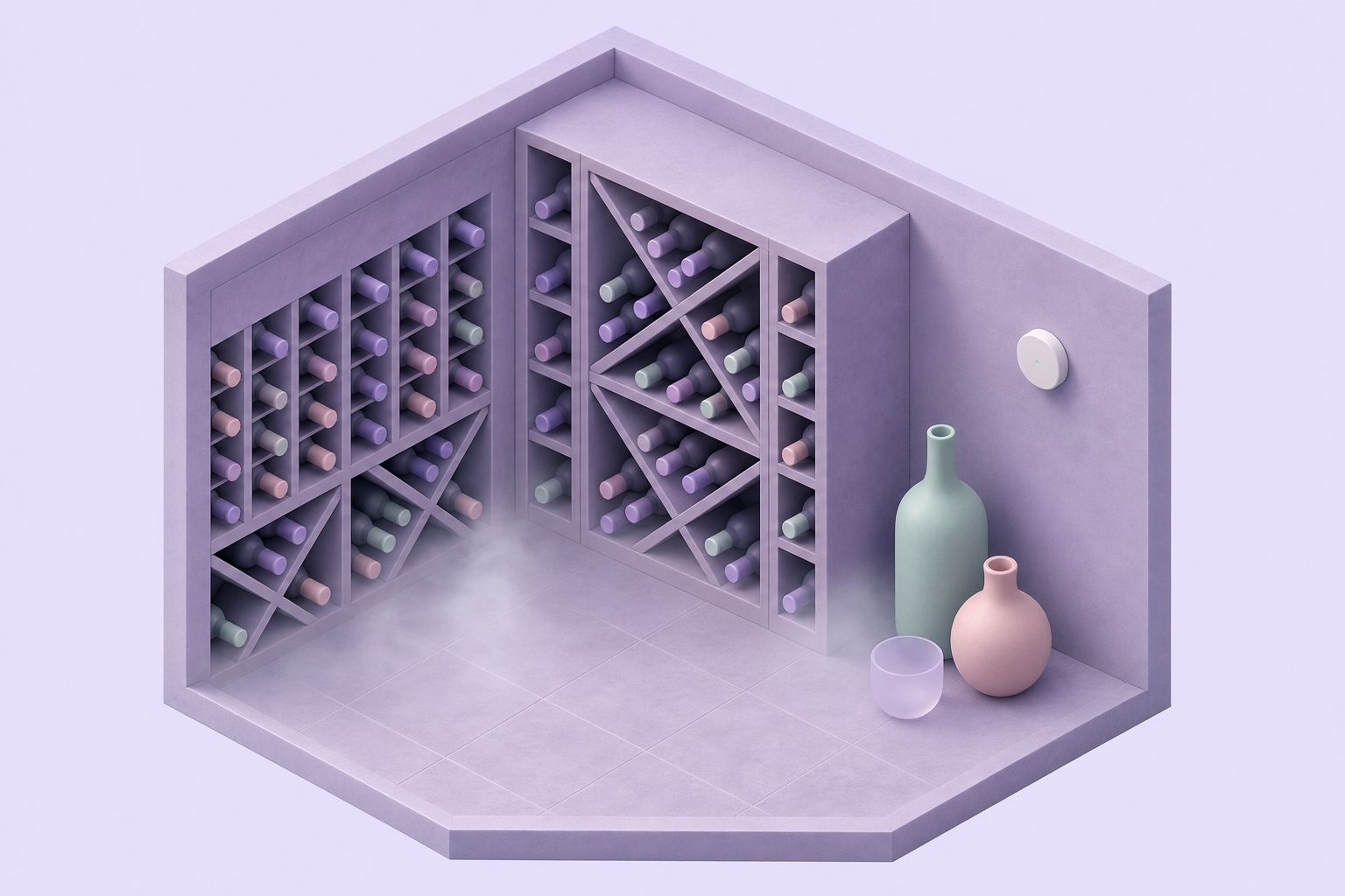 Isometric illustration of a cellar with wine racks, a wall-mounted humidity sensor and a faint mist on the floor (AI-generated image)