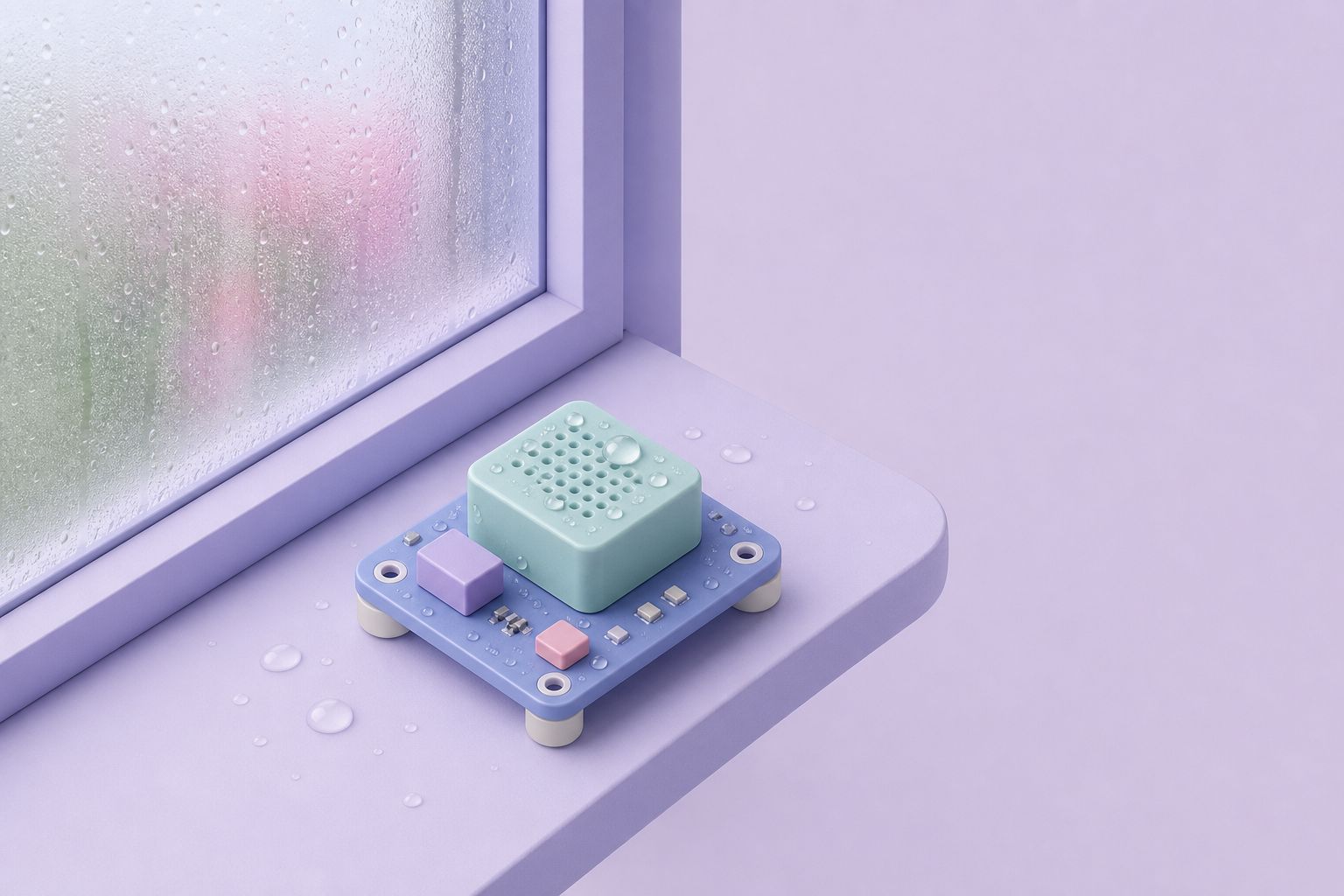 Isometric illustration of a humidity sensor board on a windowsill beside a misted, condensation-covered window (AI-generated image)