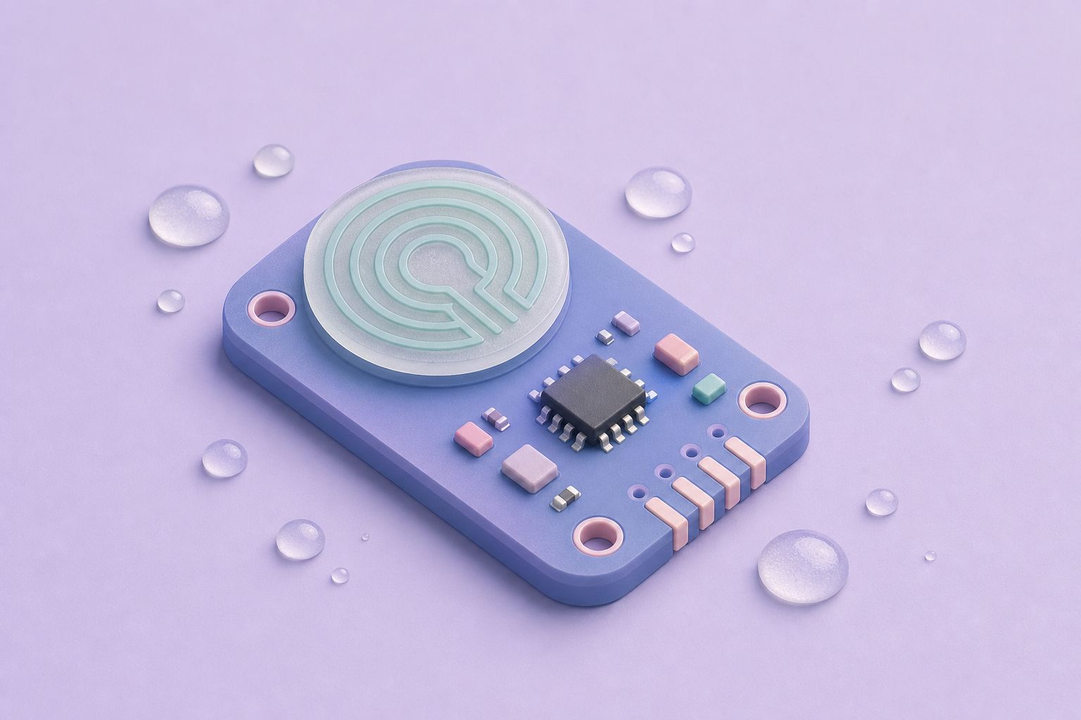 Isometric illustration of a humidity sensor board with a capacitive sensing element surrounded by water droplets (AI-generated image)