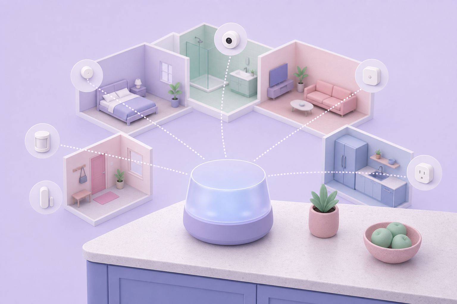 Isometric illustration of a home automation hub on a kitchen counter linked to sensors in several rooms (AI-generated image)