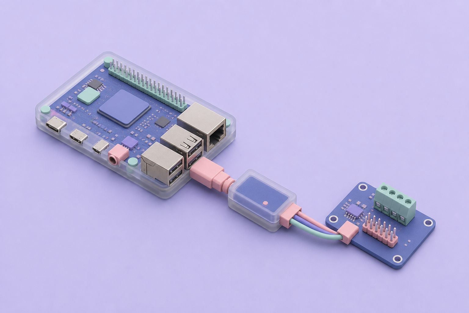 Isometric illustration of a Raspberry Pi in a clear case connected by a USB adapter to a 1-Wire terminal board (AI-generated image)