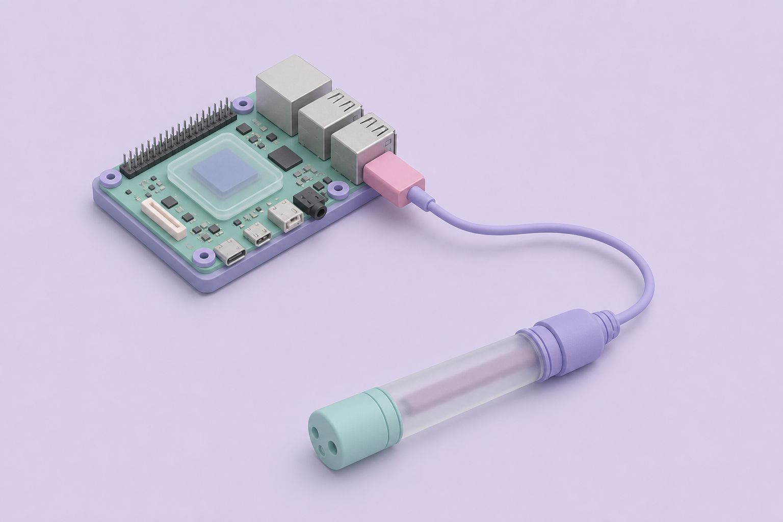 Isometric illustration of a single-board computer with a USB 1-Wire adapter plugged in on a short cable (AI-generated image)