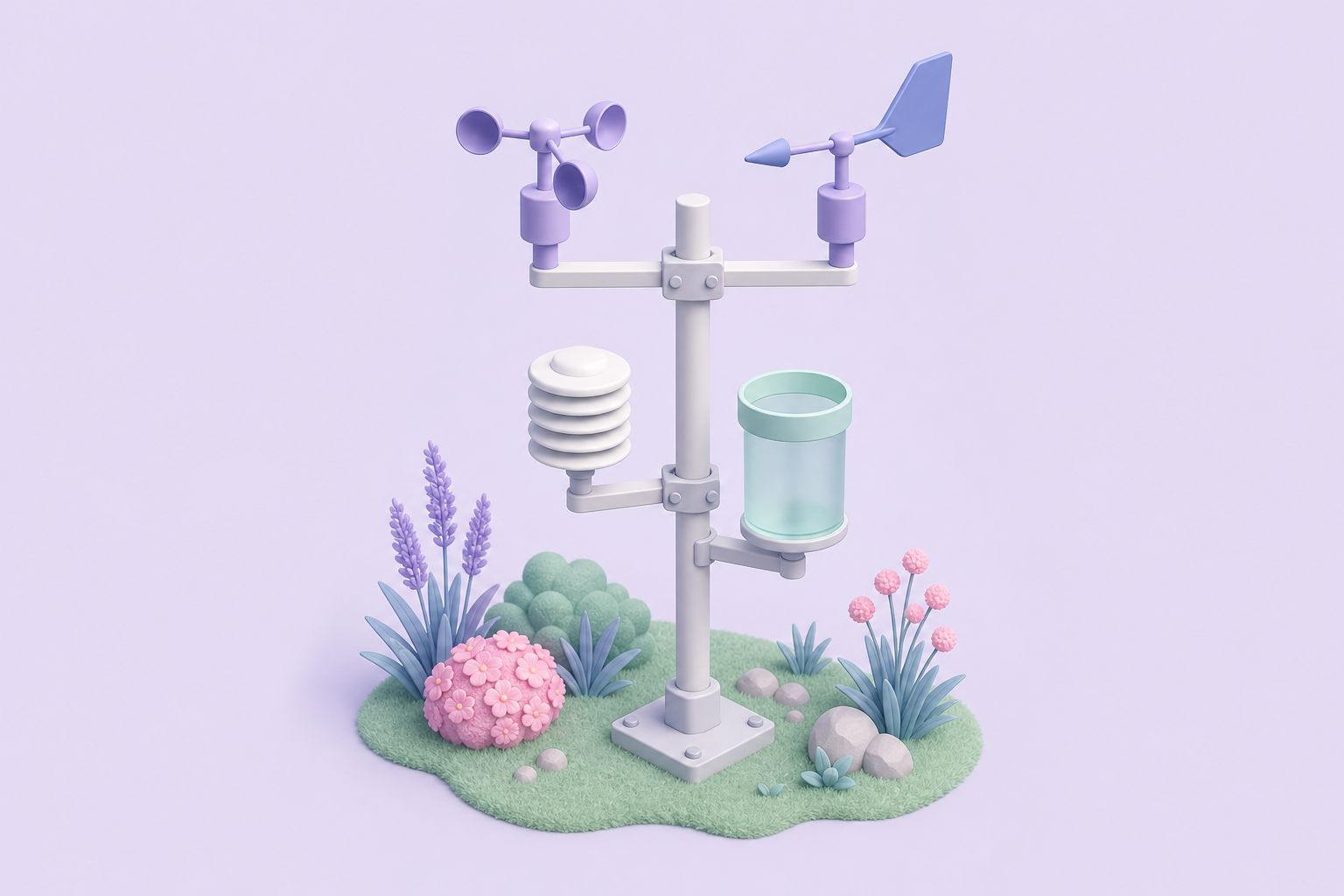 Isometric illustration of a weather mast with a cup anemometer, wind vane, radiation shield and rain gauge (AI-generated image)
