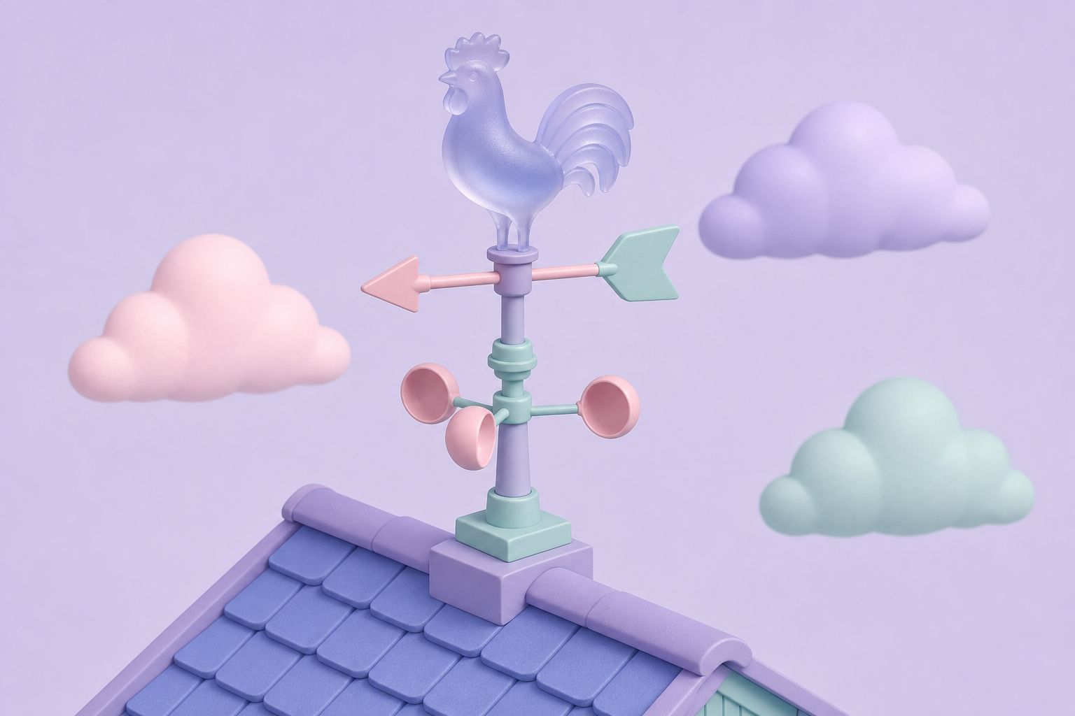 Isometric illustration of a rooftop weather vane with a cockerel, direction arrow and anemometer cups (AI-generated image)