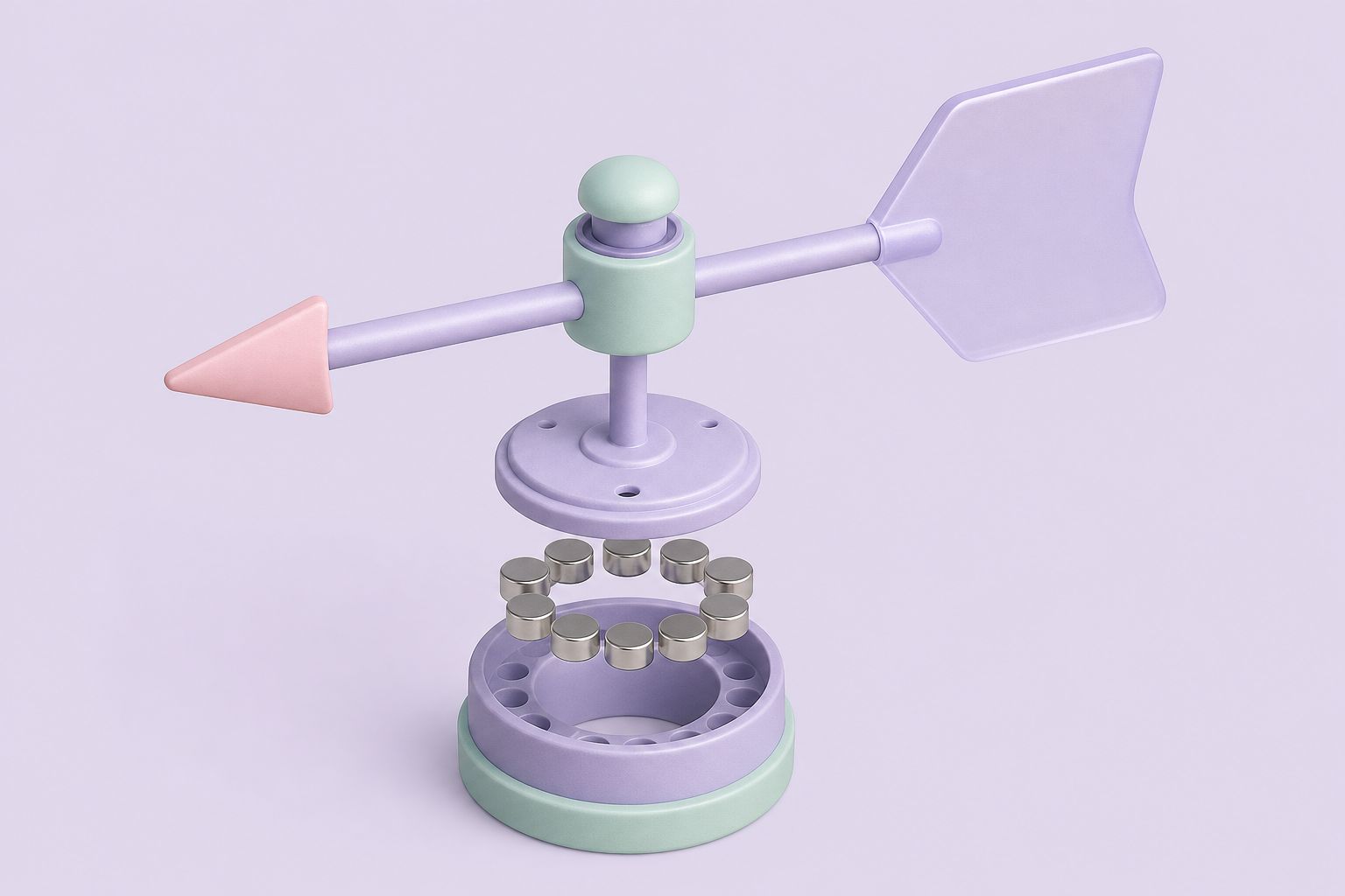 Isometric illustration of a wind vane lifted off its base, showing the ring of magnets and reed switches inside (AI-generated image)