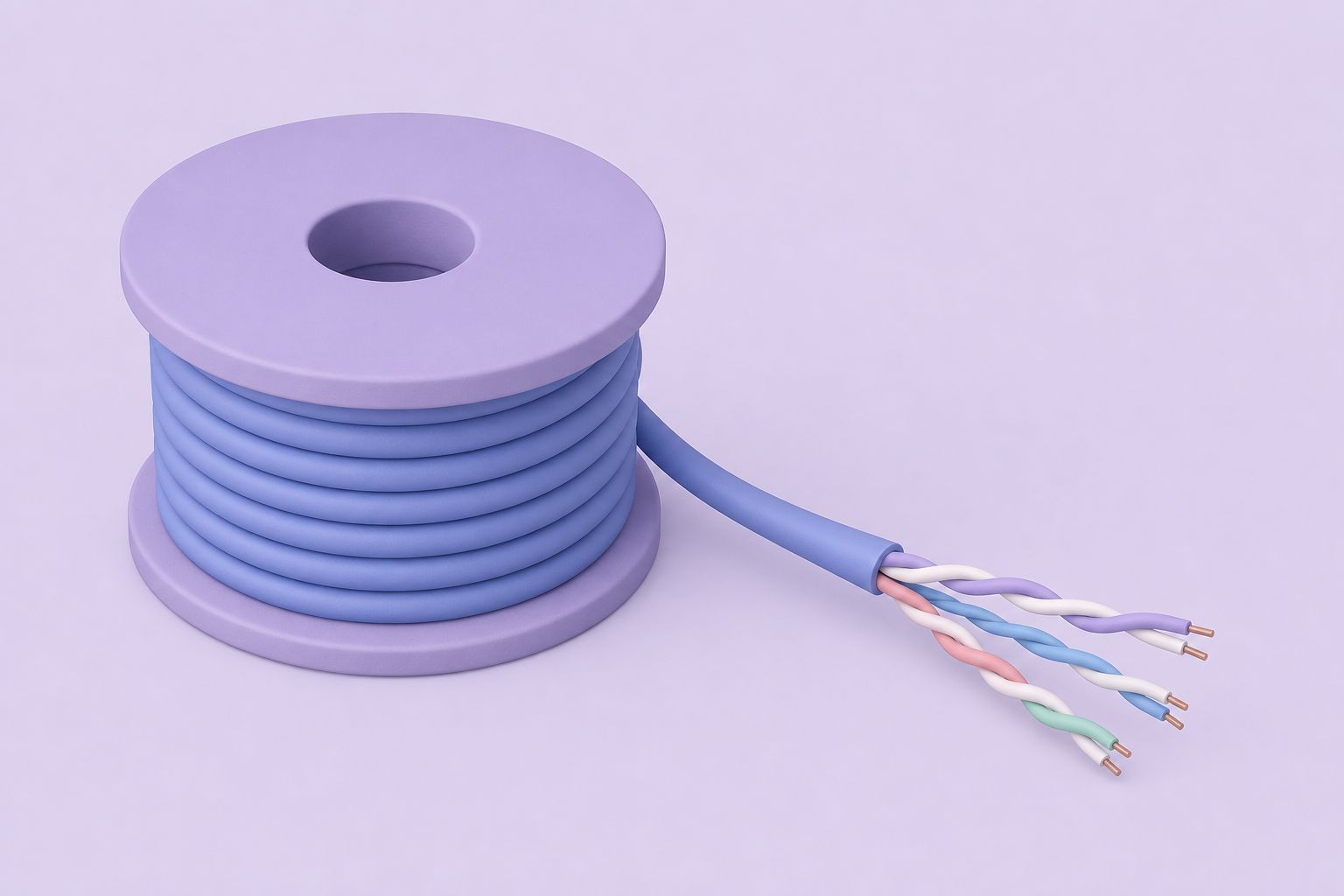 Isometric illustration of a spool of CAT-5 cable with the jacket stripped back to show the twisted pairs (AI-generated image)