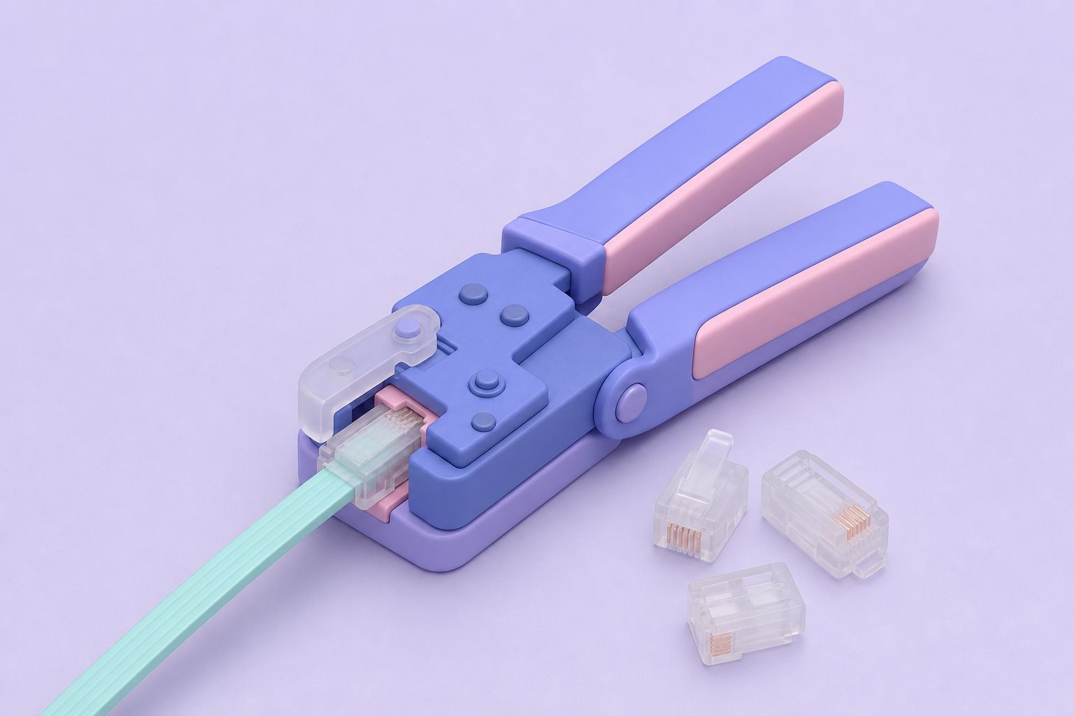 Isometric illustration of a modular plug crimping tool closing on a flat cable, with spare clear plugs beside it (AI-generated image)