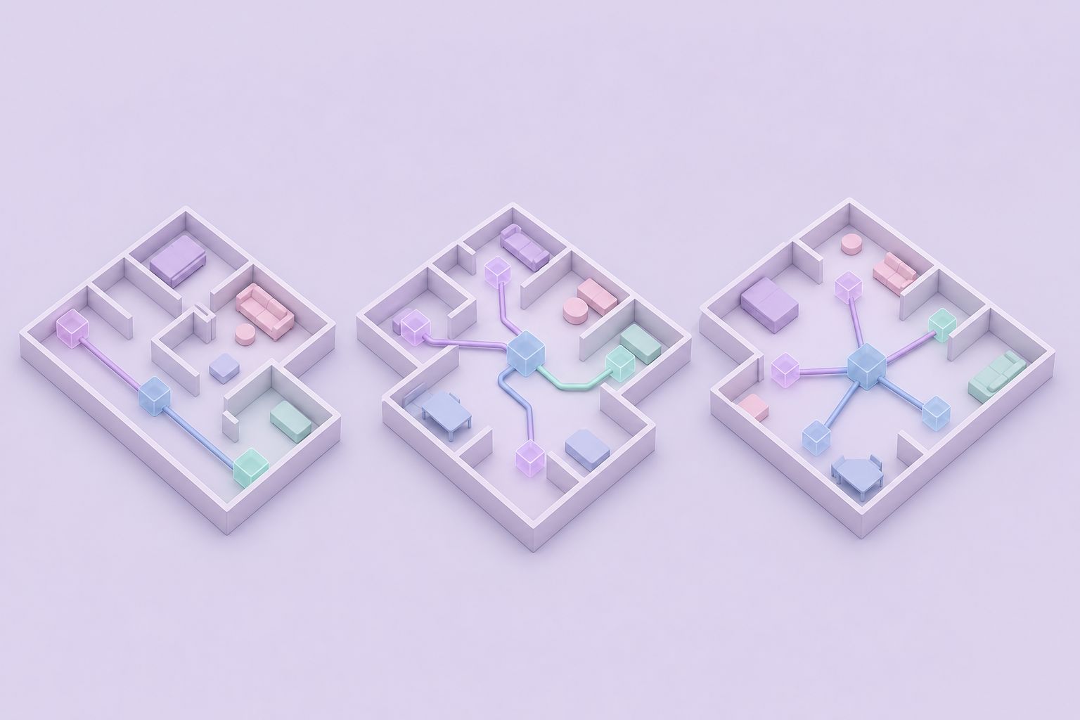 Isometric illustration of three floor plans comparing a linear bus, a short-stub layout and a star layout (AI-generated image)