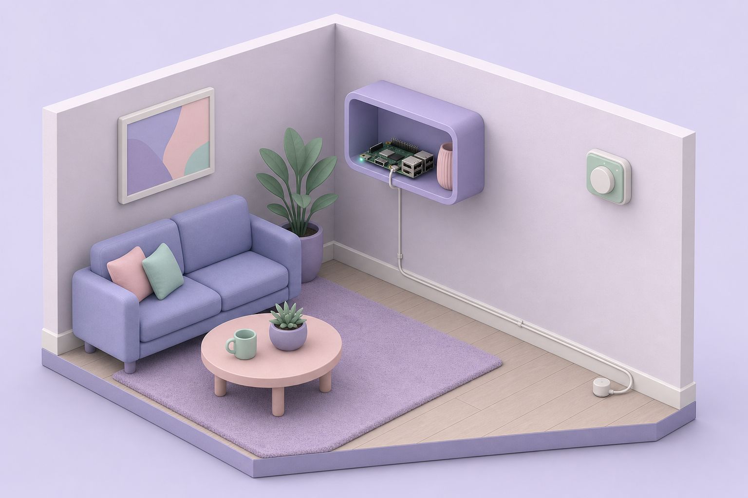 Isometric illustration of a living-room corner with a small single-board computer on a wall shelf and a thermostat on the wall (AI-generated image)