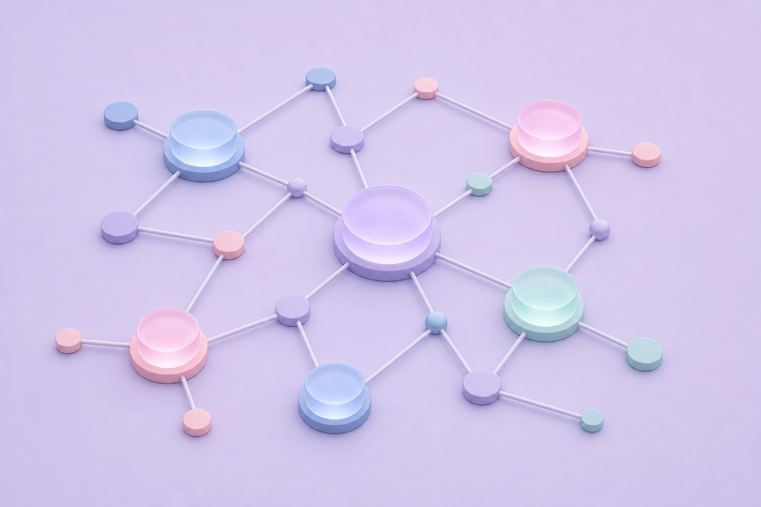 Isometric illustration of a network of connected nodes in pastel colours (AI-generated image)