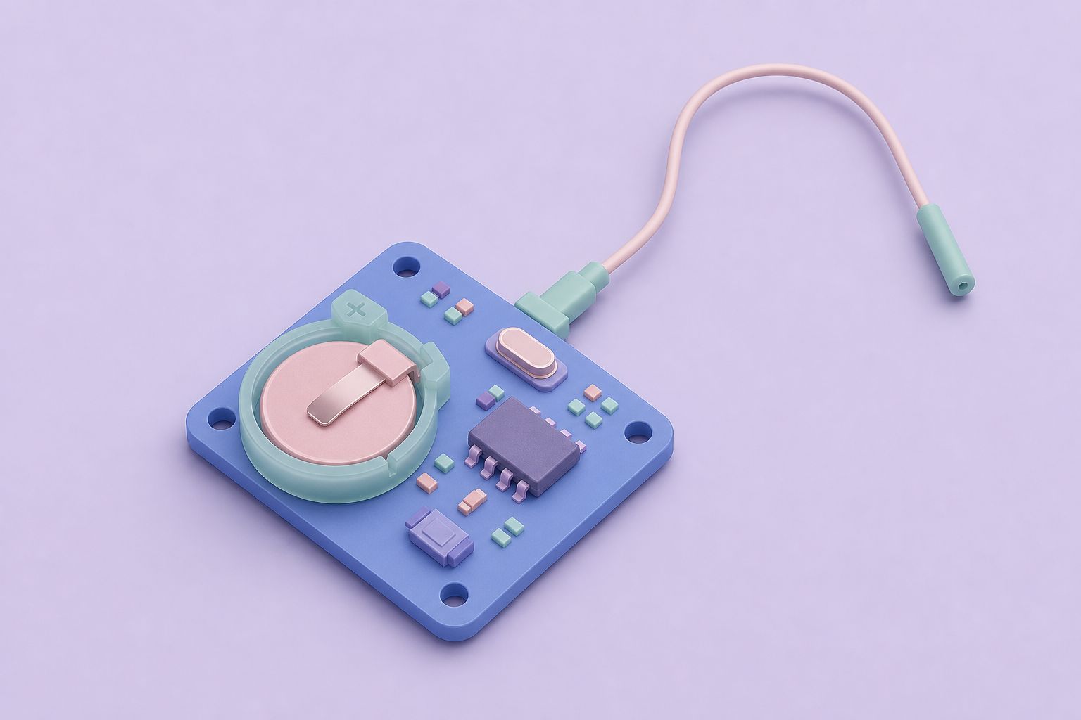 Isometric illustration of a small blue logger board with a coin-cell battery holder, an eight-pin chip, a crystal and a sensor cable (AI-generated image)