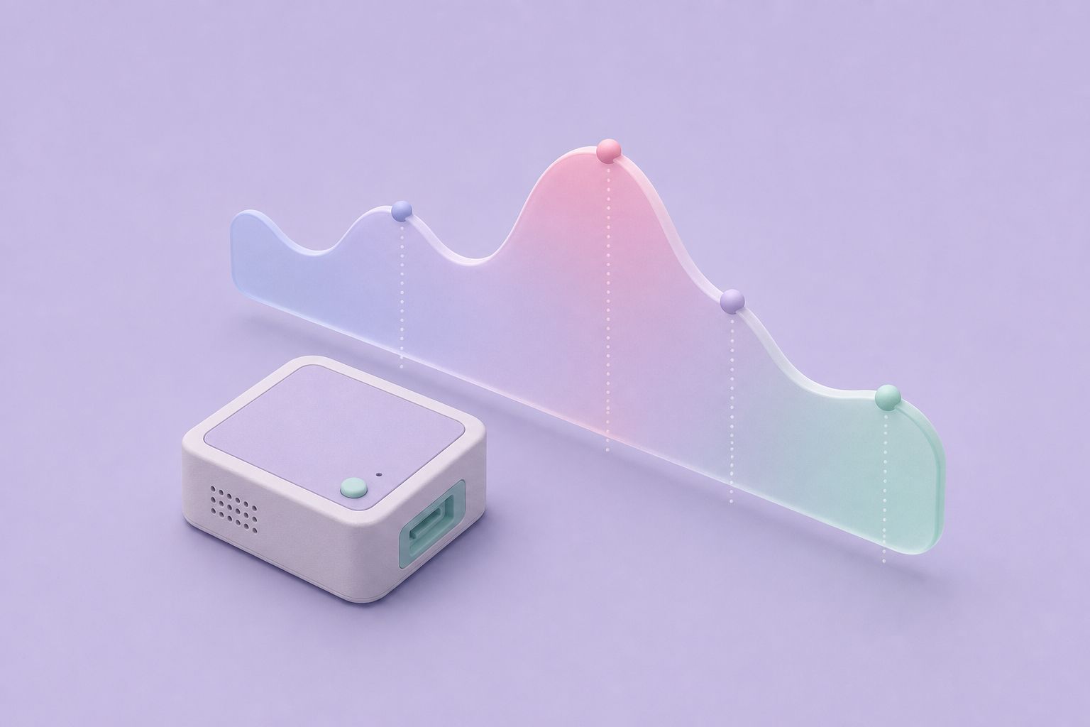 Isometric illustration of a small white logger box in front of a translucent line graph of readings (AI-generated image)