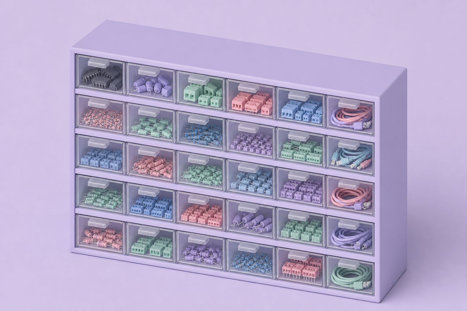 Isometric illustration of a parts cabinet with small drawers of connectors, chips and cables (AI-generated image)