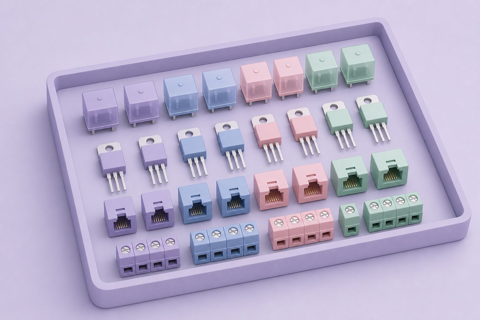 Isometric illustration of a tray of components in rows: small relays, three-legged regulators, modular jacks and screw terminals (AI-generated image)
