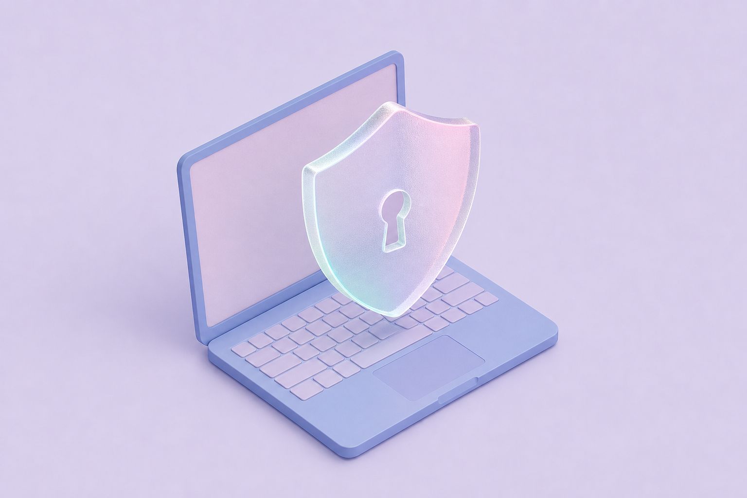 Isometric illustration of a laptop with a translucent shield and keyhole in front of the screen (AI-generated image)