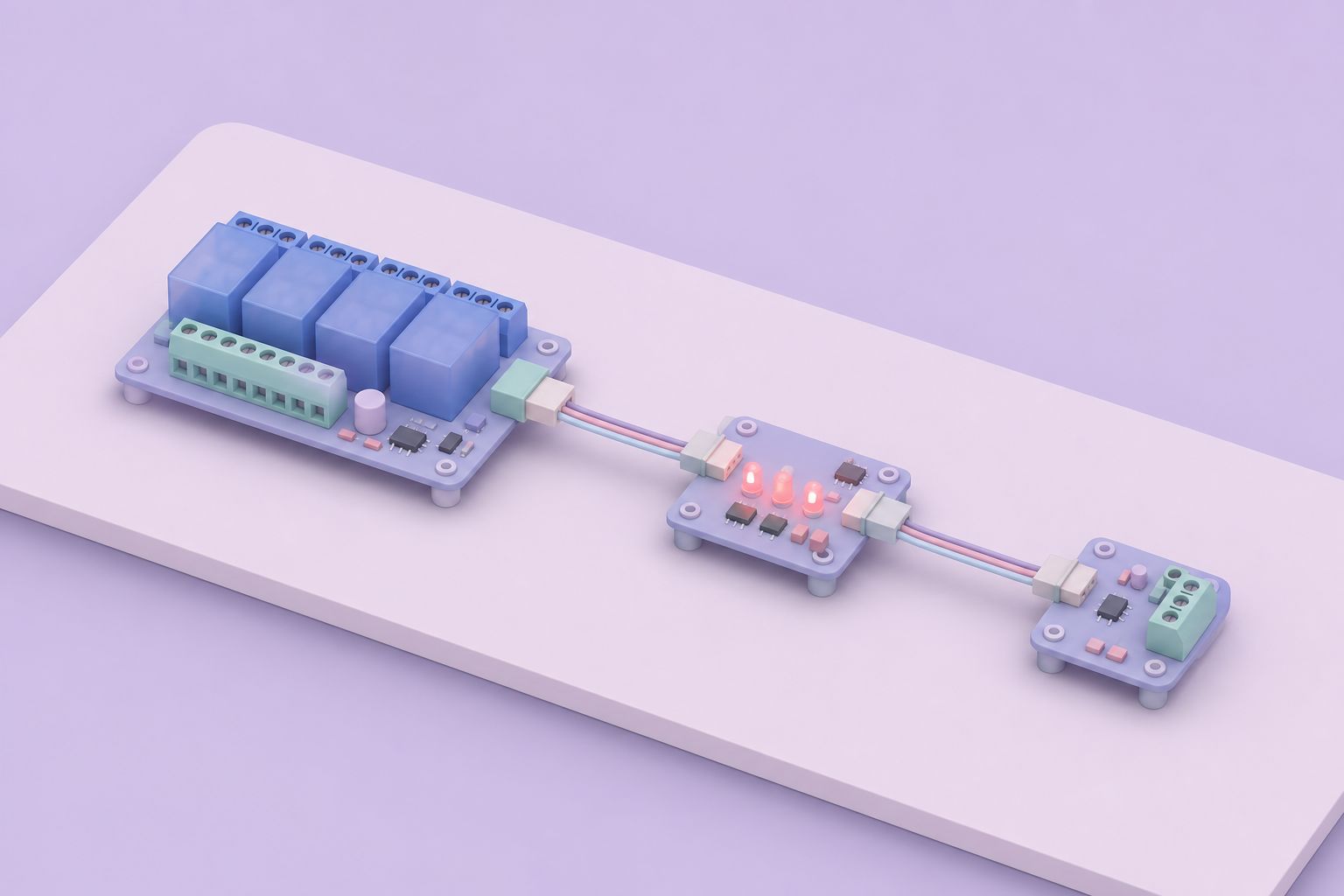 Isometric illustration of three small boards linked by one cable: a four-relay board, a board with red LEDs and an interface board (AI-generated image)