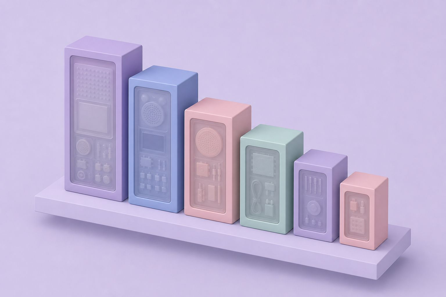 Isometric illustration of six kit enclosures of decreasing size lined up on a shelf (AI-generated image)
