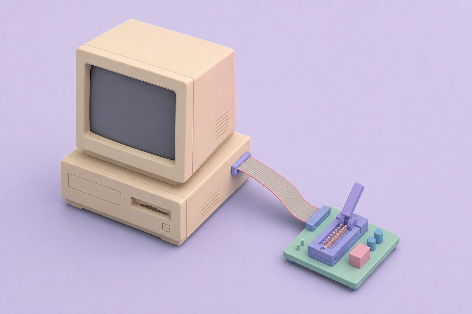 Isometric illustration of a beige desktop PC connected by a ribbon cable to a programmer board with a ZIF socket (AI-generated image)