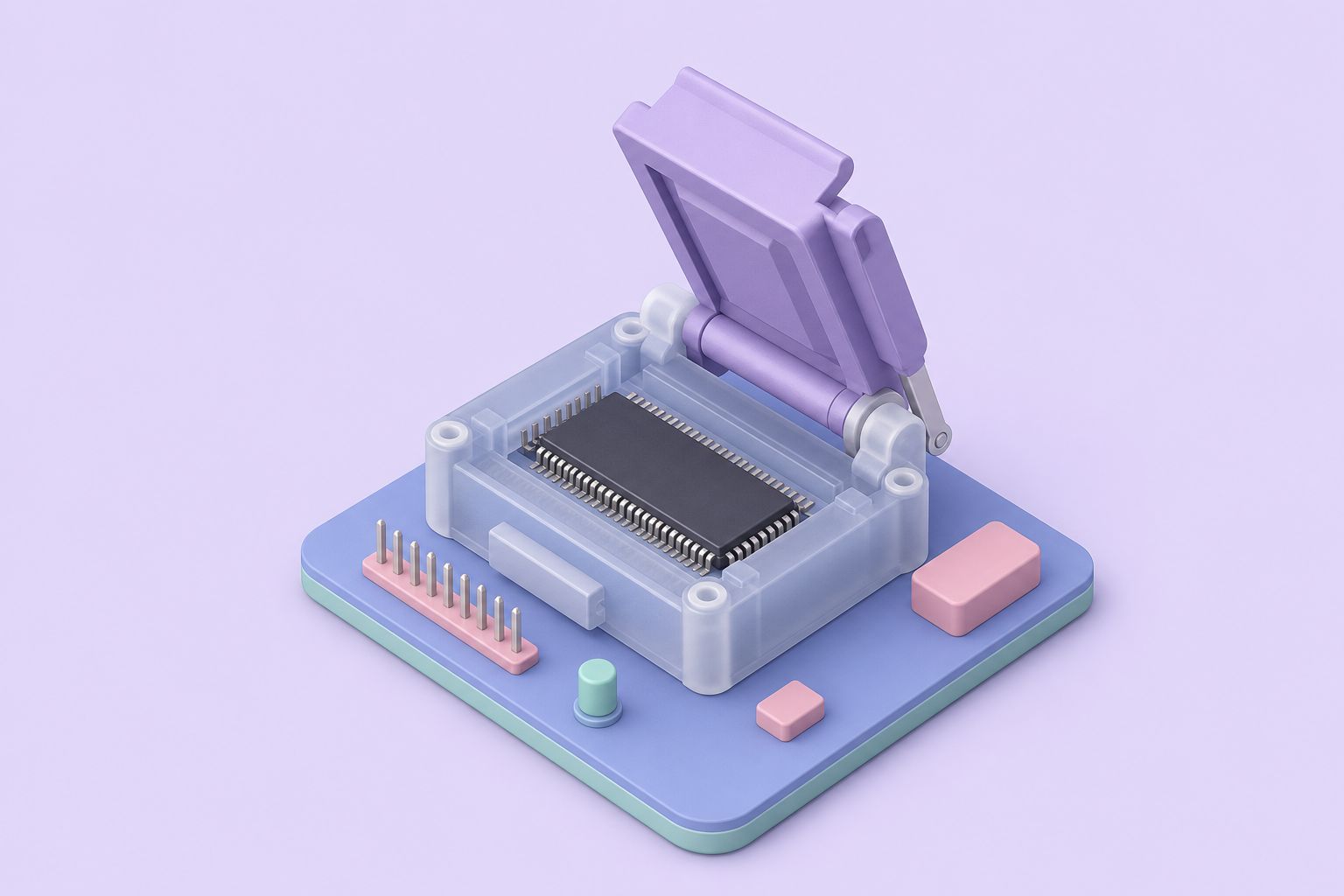 Isometric illustration of a programmer board with a zero-insertion-force socket holding a chip, lever raised (AI-generated image)
