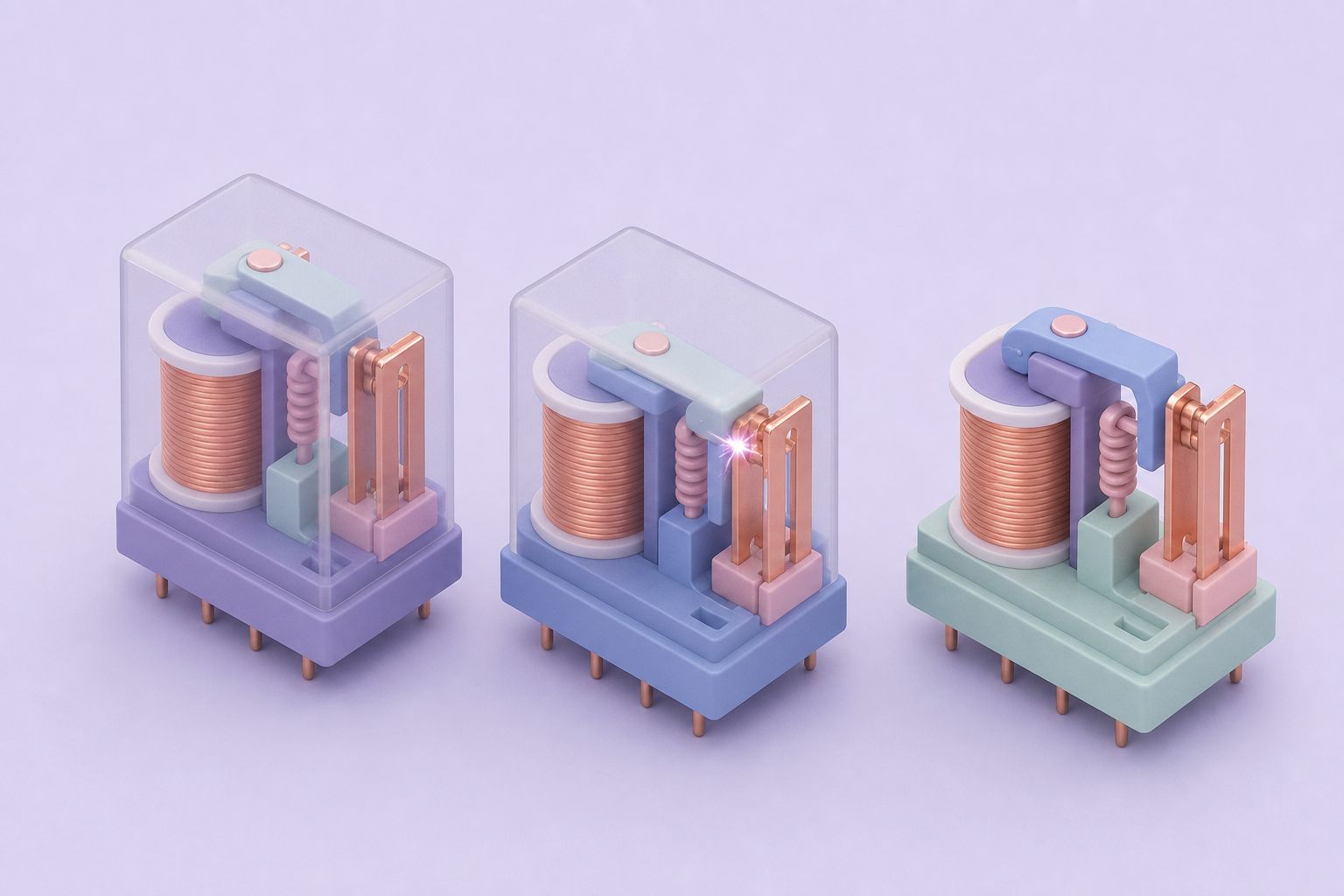 Isometric illustration of three relays, two in clear cases, showing the coil, armature and switching contacts (AI-generated image)