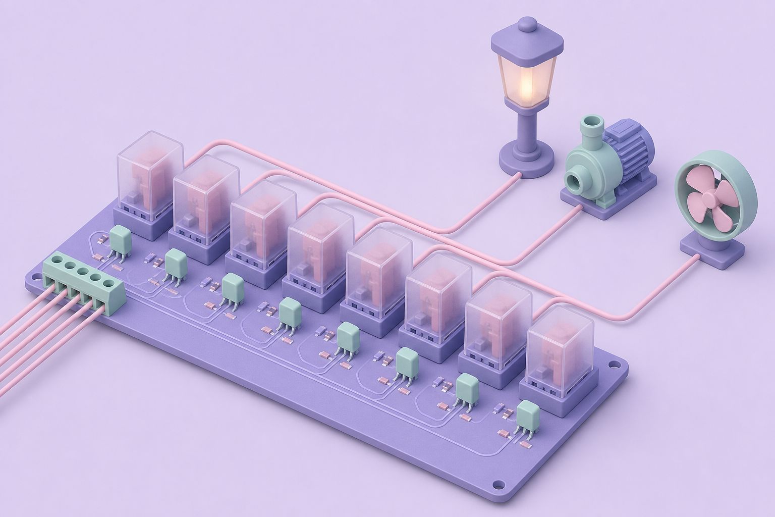 Isometric illustration of an eight-relay board wired to a garden lamp, a pump and a fan (AI-generated image)