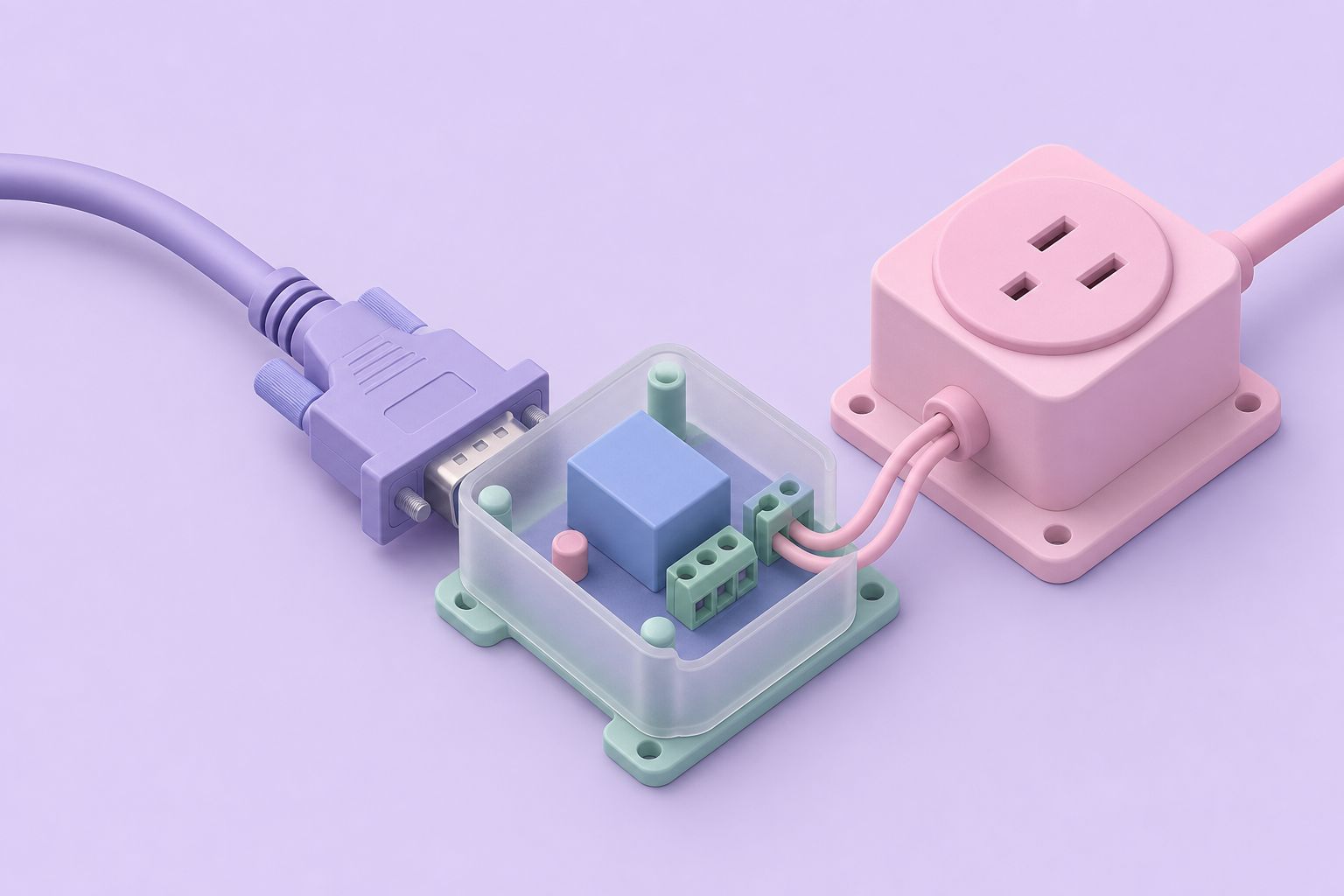 Isometric illustration of a DB-9 serial cable plugged into a small relay box that switches a power outlet (AI-generated image)