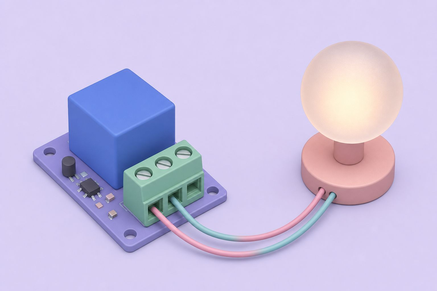 Isometric illustration of a blue relay on a board with a green three-way screw terminal wired to a glowing table lamp (AI-generated image)