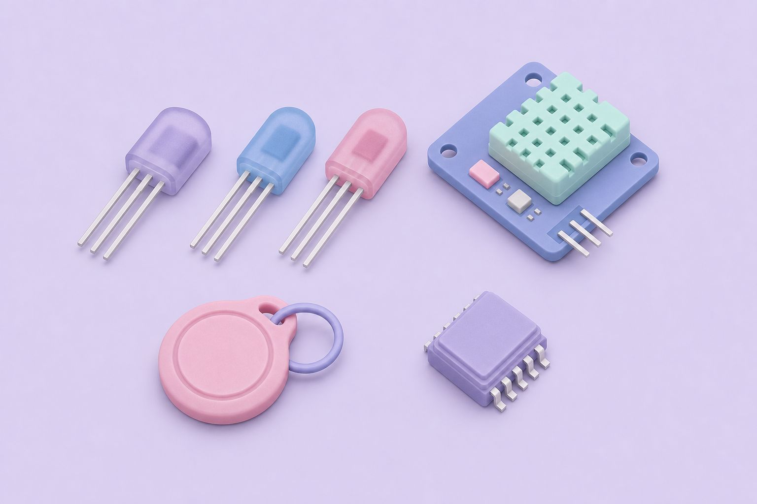 Isometric illustration of three TO-92 sensor chips, a humidity sensor board, an iButton key fob and a surface-mount chip (AI-generated image)