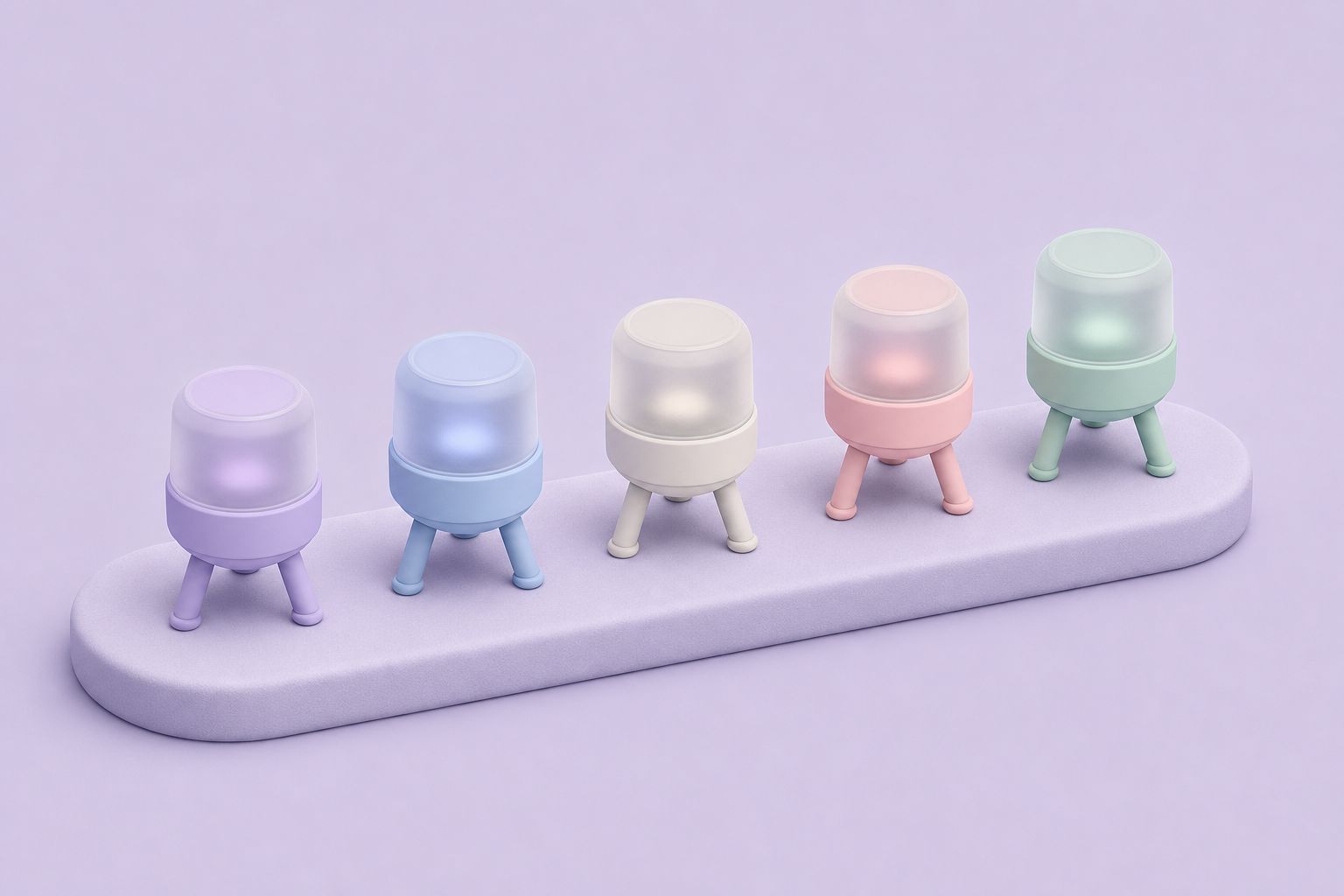 Isometric illustration of five small three-legged sensor packages in different colours standing in a row (AI-generated image)