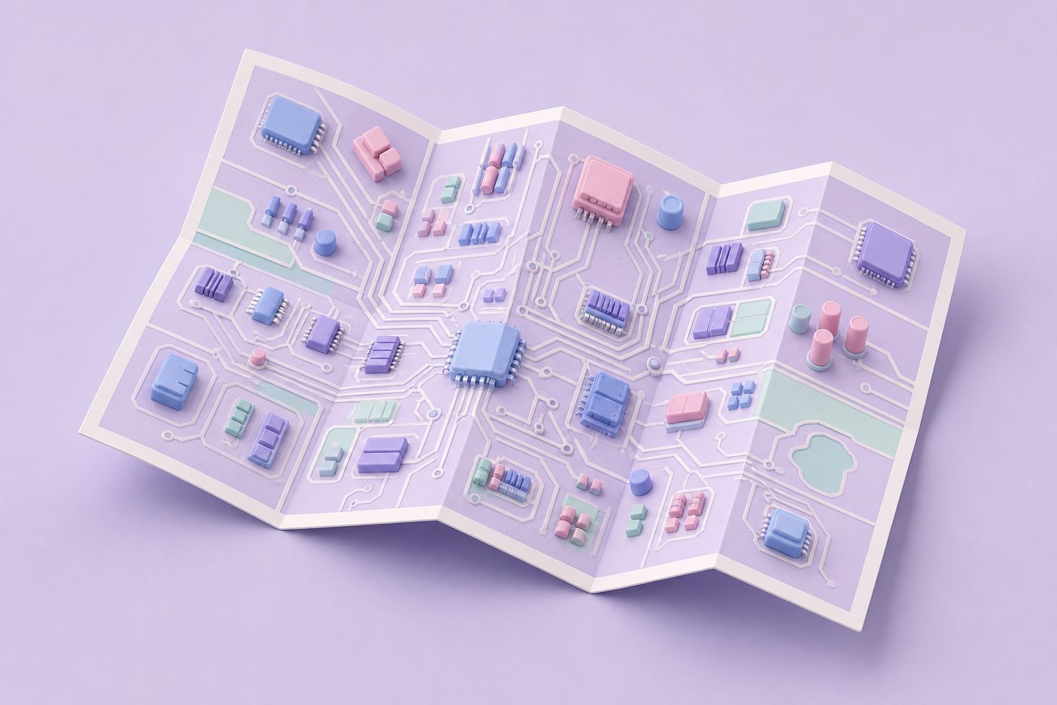 Isometric illustration of an unfolded map drawn as a circuit board with components as buildings (AI-generated image)