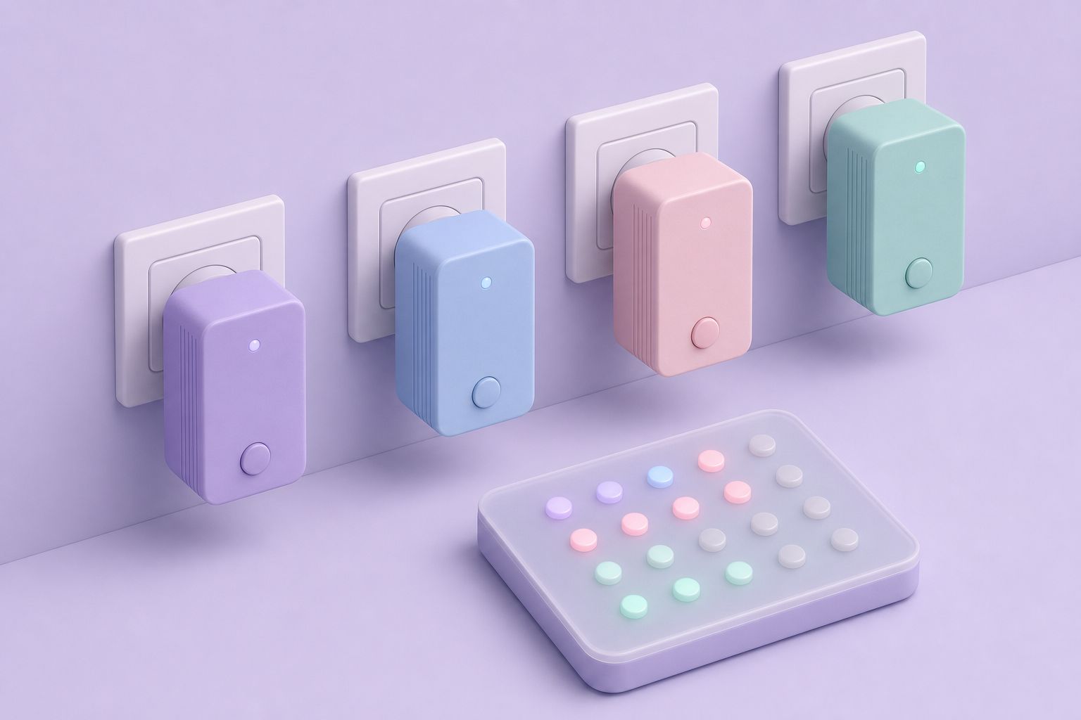 Isometric illustration of four plug-in X-10 modules on a wall above a status panel with coloured LEDs (AI-generated image)