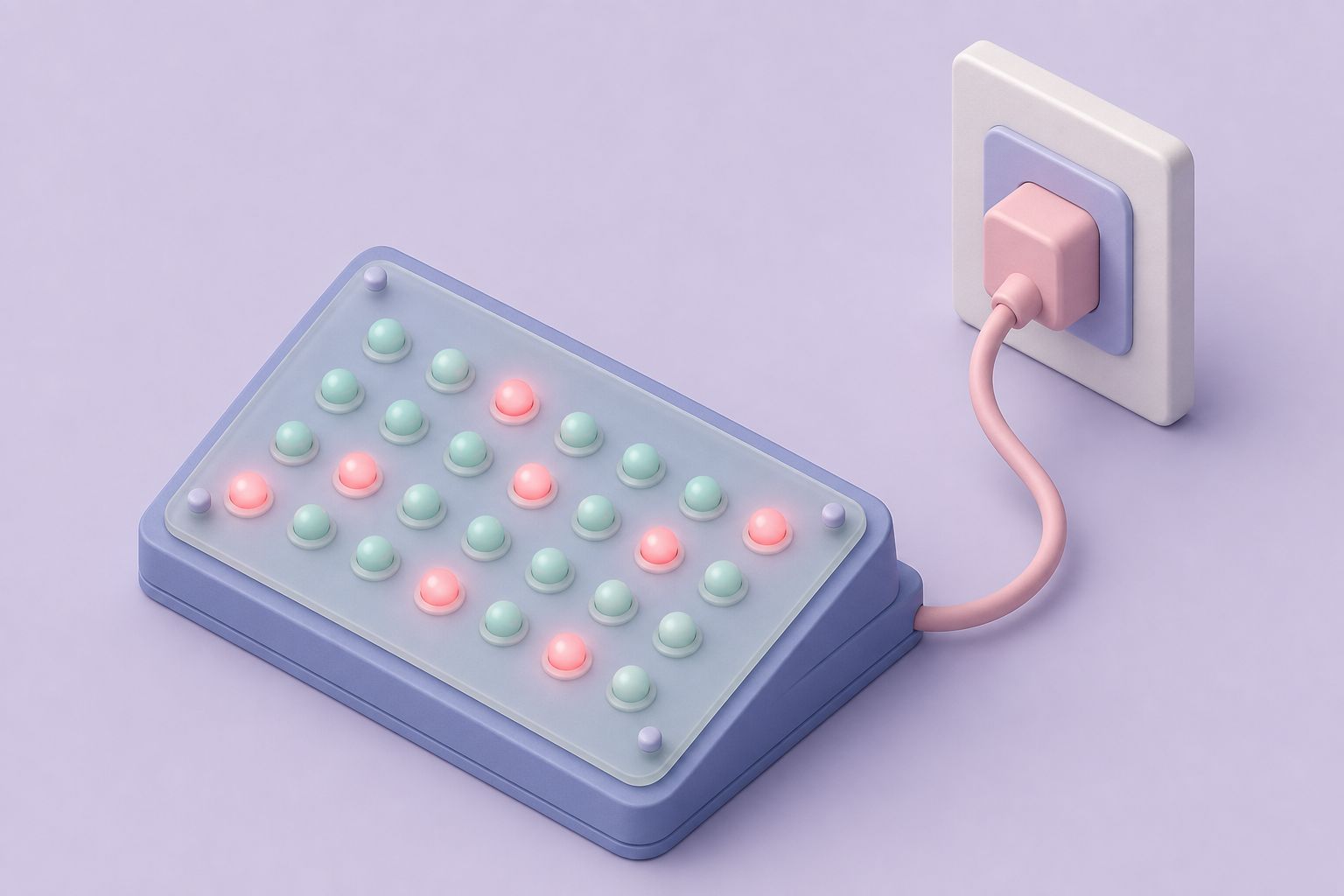 Isometric illustration of a status panel with rows of green and red LEDs, plugged into a wall socket (AI-generated image)