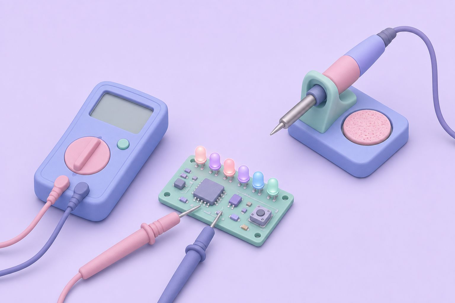 Isometric illustration of a multimeter with probes on a small board with a row of coloured LEDs, a soldering iron in its stand behind (AI-generated image)