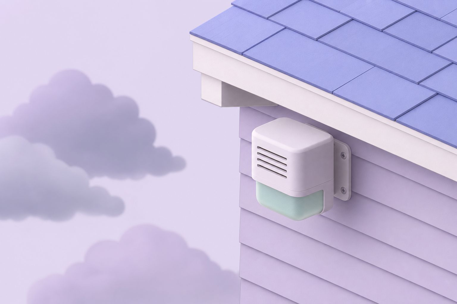 Isometric illustration of a vented sensor housing mounted under the eaves of a house, with clouds nearby (AI-generated image)