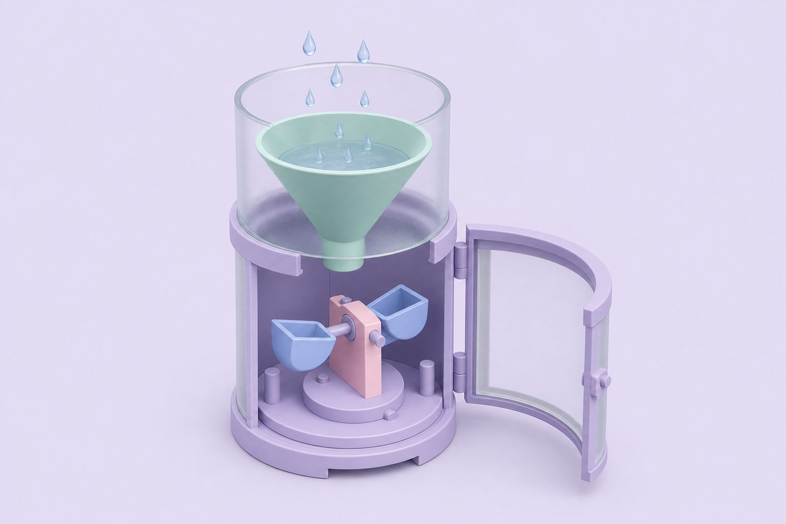 Cutaway illustration of a rain gauge with a funnel feeding a tipping bucket mechanism (AI-generated image)