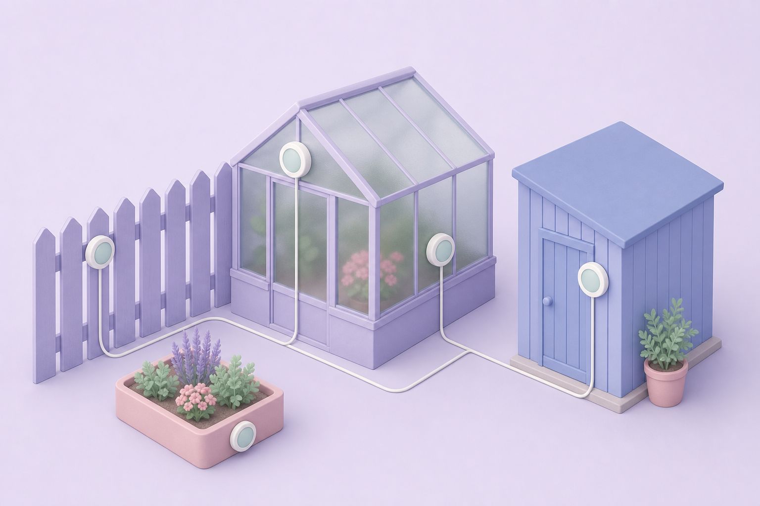 Isometric illustration of a garden with a greenhouse, shed and planter, each fitted with a wired temperature sensor (AI-generated image)