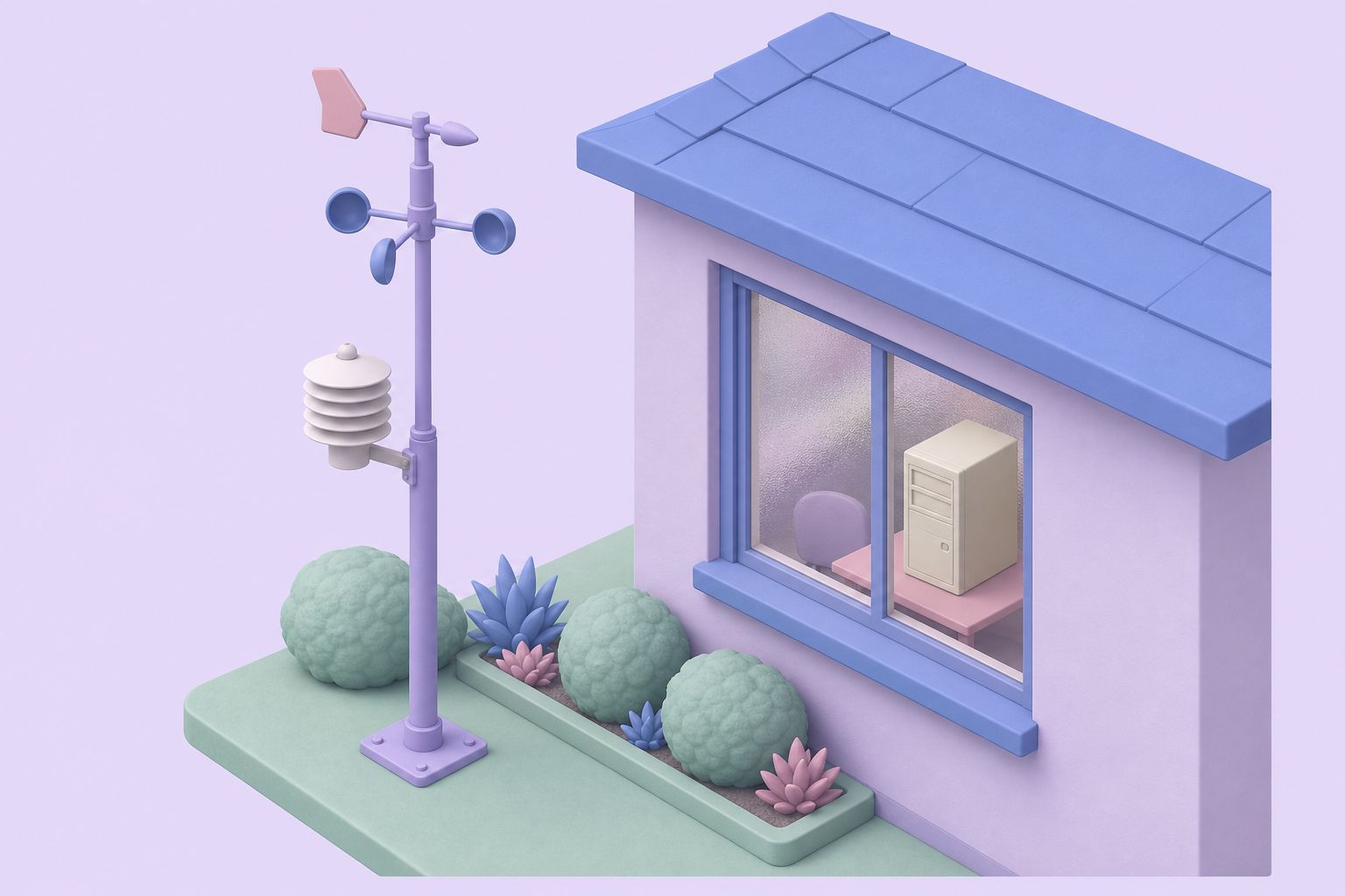 Isometric illustration of a weather mast in a front garden beside a house with an older desktop computer in the window (AI-generated image)